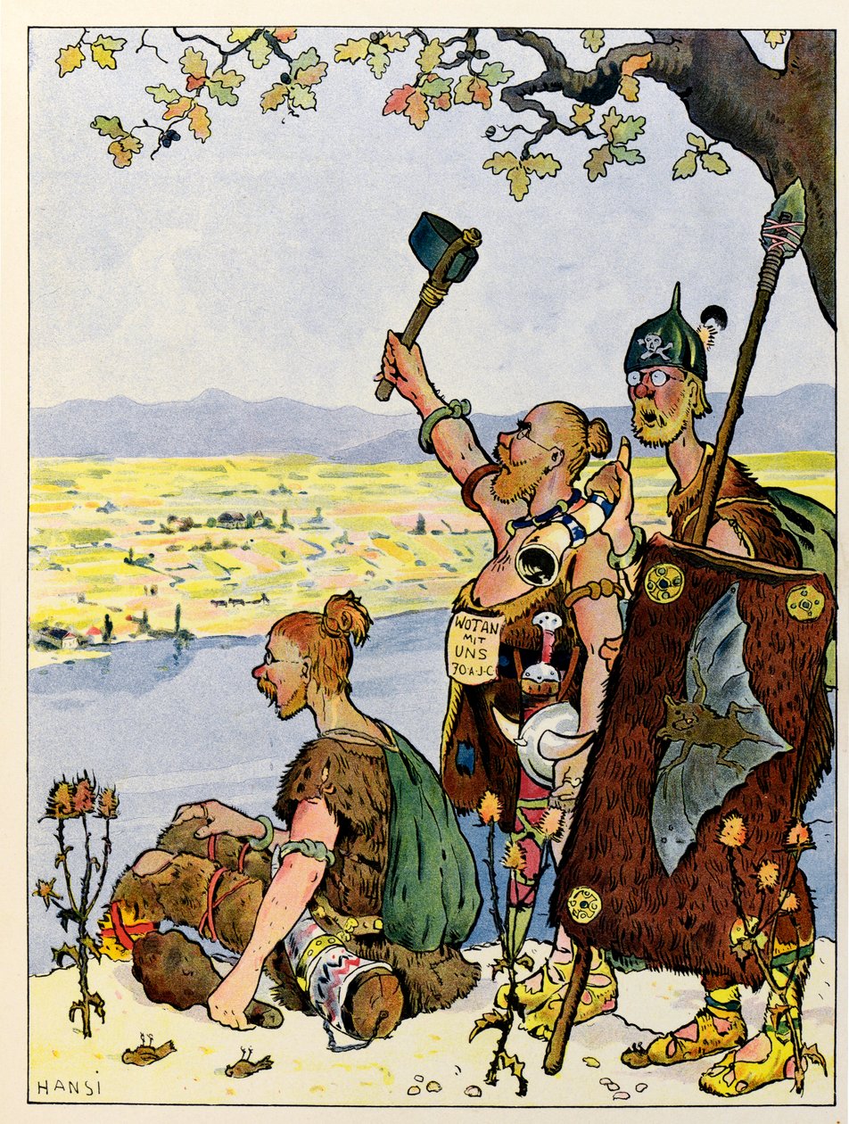 Historien om Alsace forteller barna; Les Germains ser Alsace på den andre siden av Rhinen; av Jean Jacques (1873 1951) Waltz