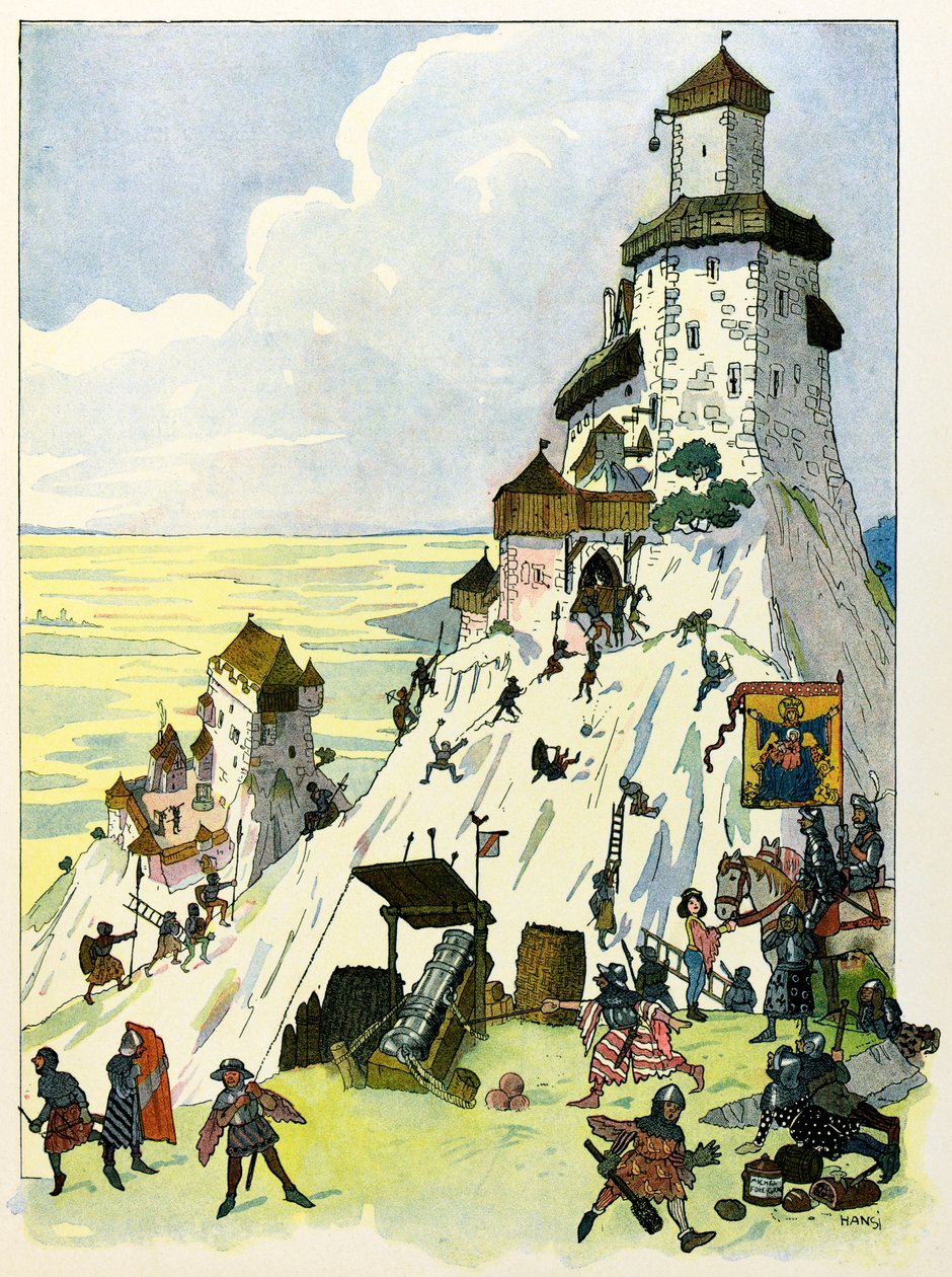 Historien om Alsace forteller barna av onkel Hansi av Jean Jacques Waltz dit Hansi (1873-1951), privat samling: Siege du chateau D'Ortenberg 1293; Merk følgende! Bruk av dette verket kan være underlagt en tredjeparts autorisasjonsforespørsel eller till av Jean Jacques (1873 1951) Waltz