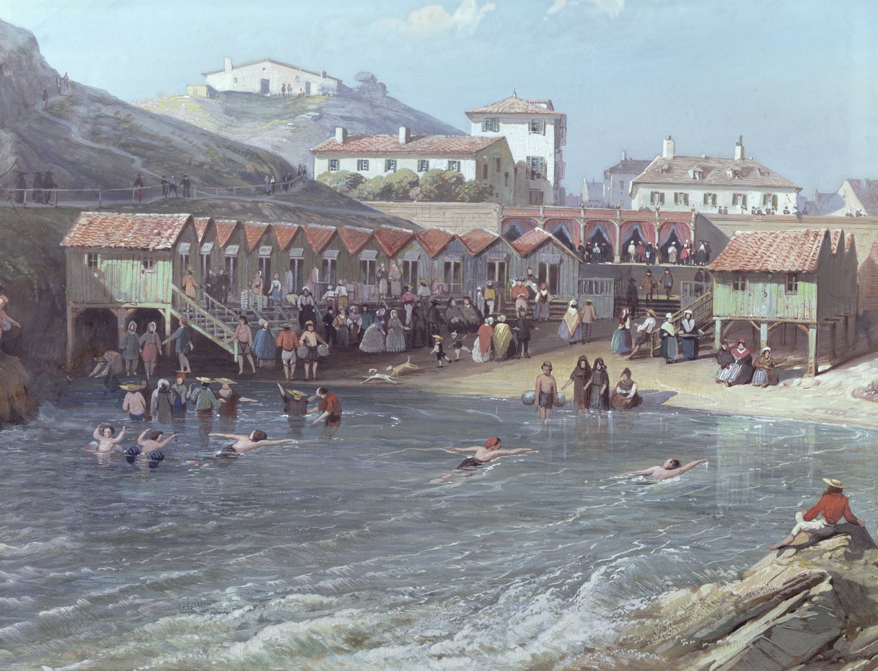 Begynnelsen av havsvømming i den gamle havnen i Biarritz, 1858 olje på lerret detalj av 175215 av Jean Jacques Alban de Lesgallery