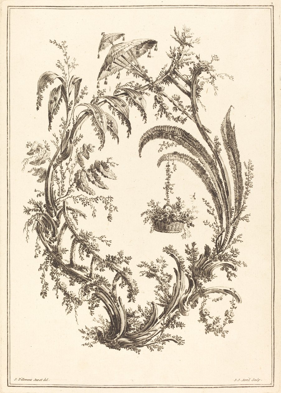 Pynt med parasoll og hengende kurv av Jean Jacques Avril I after Jean Baptiste Pillement