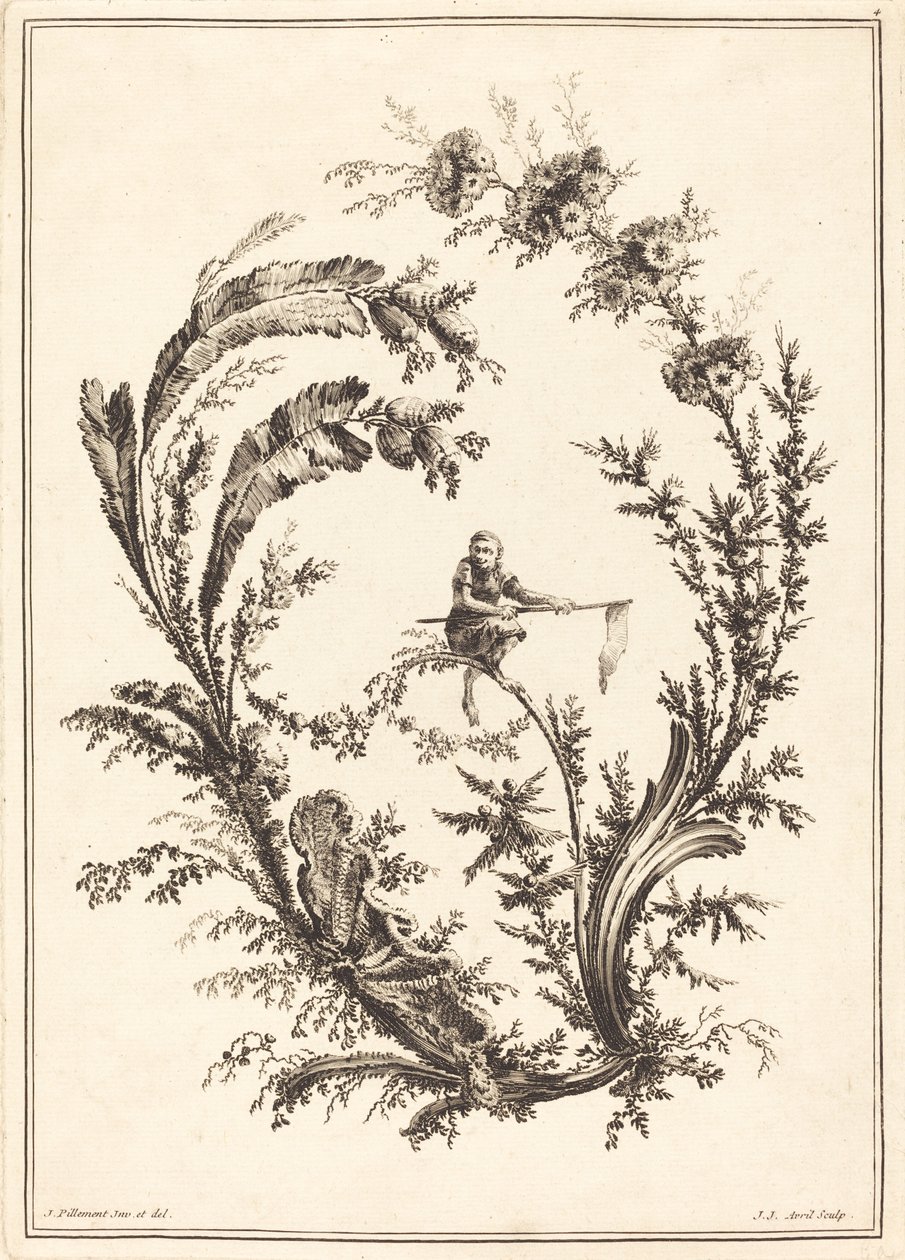 Ornament med en ape av Jean Jacques Avril I after Jean Baptiste Pillement