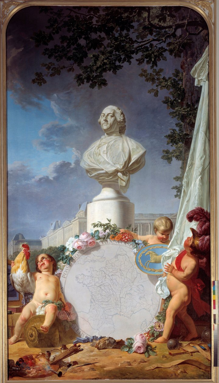 Det lærde Europa Allegorisk representasjon av Frankrikes herlighet, bysten av Ludvig XVI (1754-1793) dominerer et kart over franske eiendeler, en hane, engler og symboler for kunst og vitenskap. Maleri av Jean Jacques Bachelier (1724-1806) 1762 Versaille av Jean Jacques Bachelier