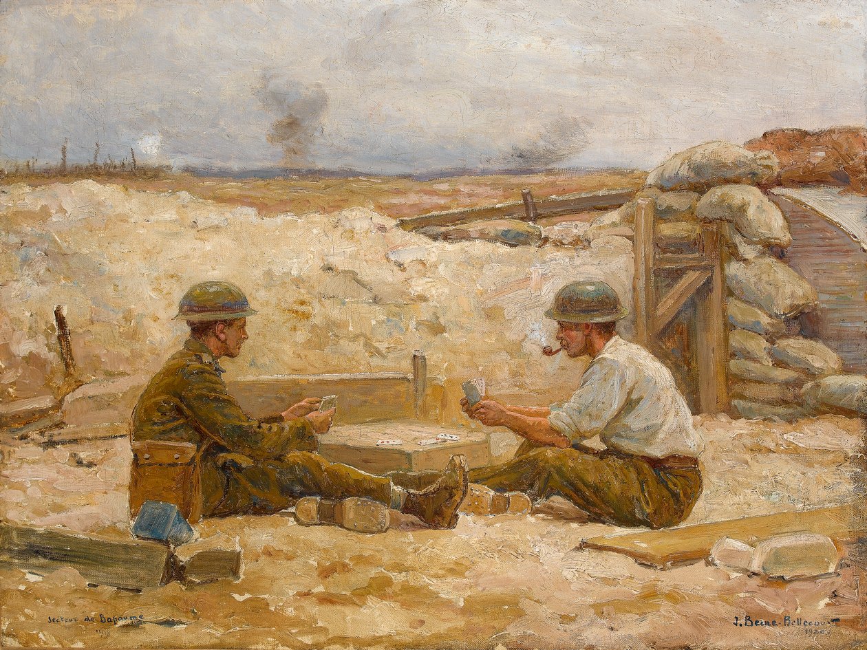 To britiske offiserer som spiller kort utenfor graven deres, Secteur de Bapaume, 1918-20 av Jean Jacques Berne Bellecour