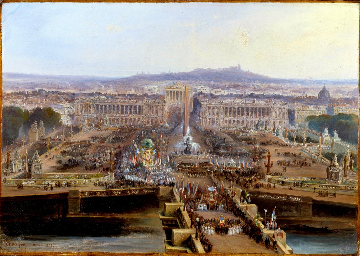 Revolusjonen i 1848: Concord-fest den 21. mai 1848, avgang fra Place de la Concorde for arbeiderbedrifter på vei til Champs de Mars. Maleri på maruflepapir av Jean Jacques Champin (1796-1860) 1848 Dim. 0,31 x 0,44 m. Paris, Musee Carnavalet av Jean Jacques Champin