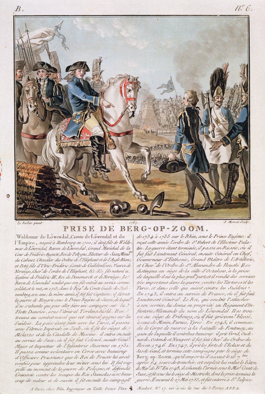 The Taking of Berg-op-Zoom, Nederland, 1747, gravert av Jean Baptiste Morret (fl.1790-1820), 1787 av Jean Jacques Francois Le Barbier