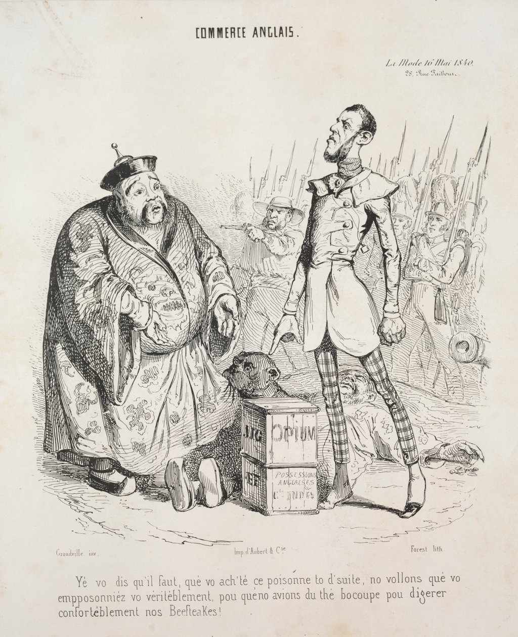 engelsk handel. Ja, du sier at du må kjøpe denne giften med en gang, vi vil virkelig at du skal forgifte deg selv, så vi kan ha litt kopp te for å fordøye biffene våre komfortabelt! av Jean Jacques Grandville