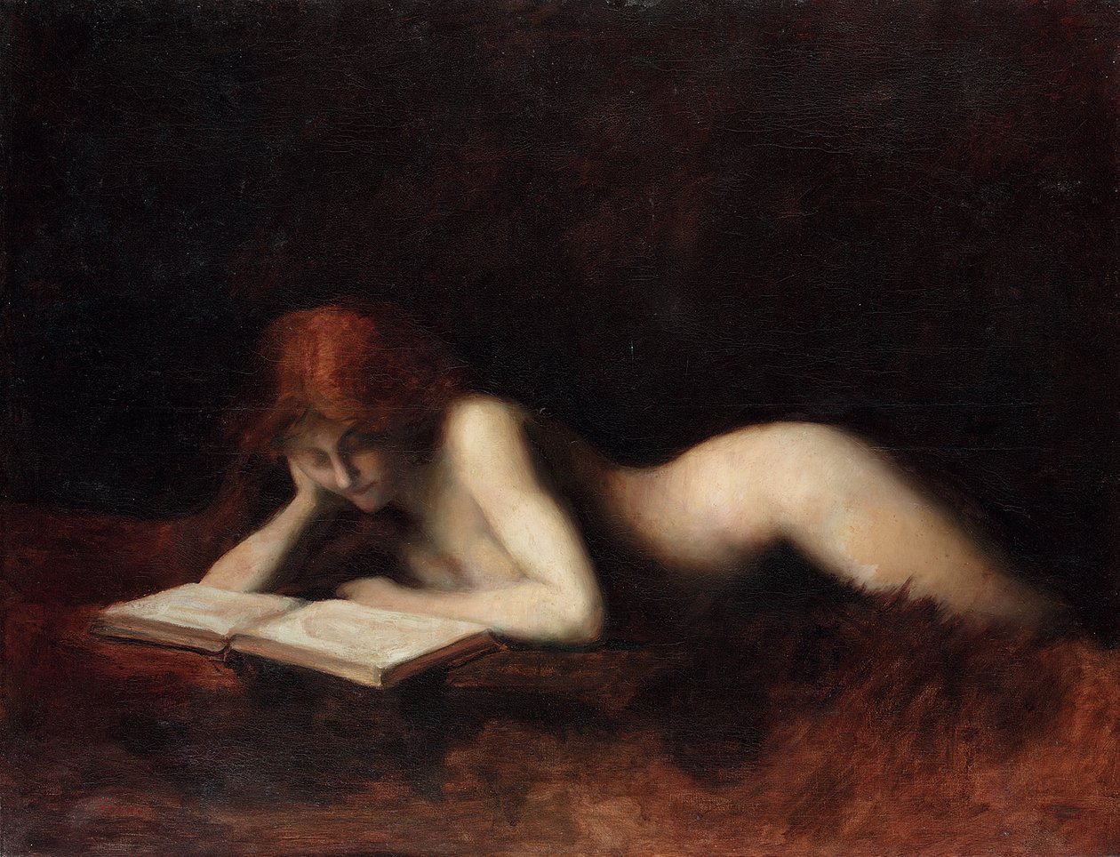 Tilbakelent naken kvinne som leser en bok av Jean Jacques Henner
