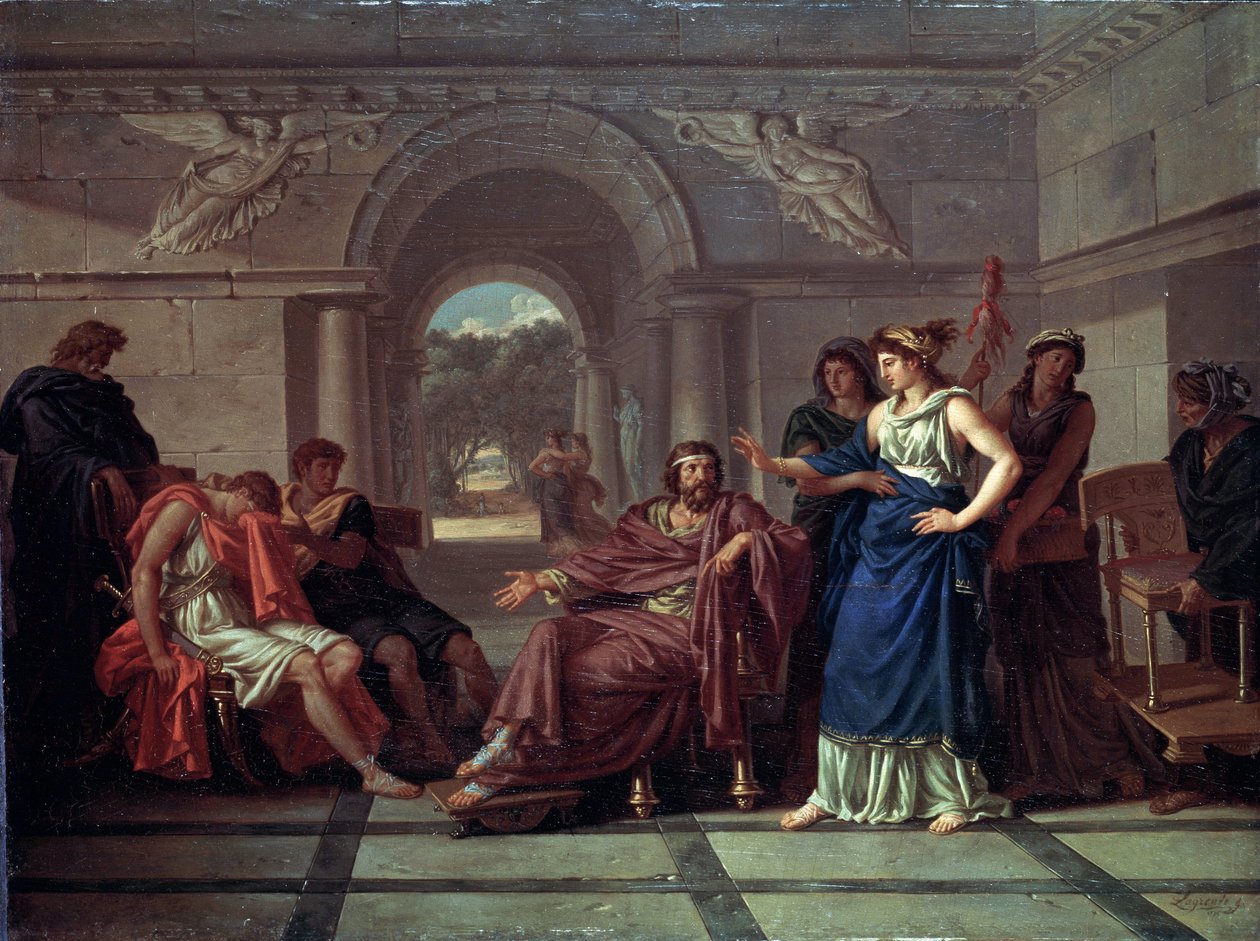 Helen gjenkjenner Telemachus, sønn av Odysseus (Helen gjenkjenner Telemachus, sønn av Odysseus). Scene fra gresk mytologi, i Homers Odyssey (slutten av det 8. århundre f.Kr.). Maleri av Jean Jacques Lagrenee (1739-1821), olje på tre av Jean Jacques II Lagrenee