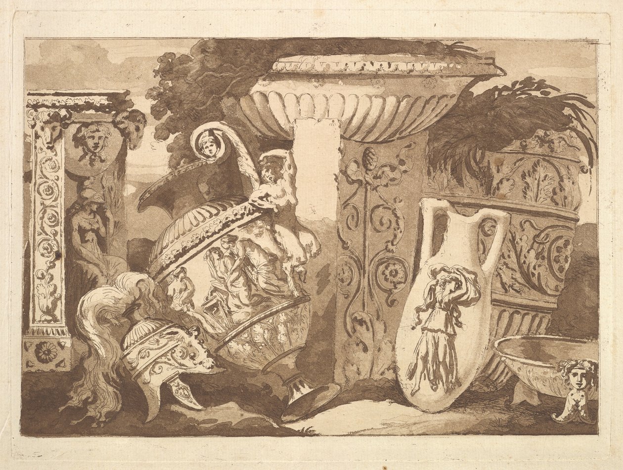 Komposisjon med de antikke fragmentene og en skjev vase, fra Recueil de Compositions..., 1782-84. av Jean Jacques Lagrenee
