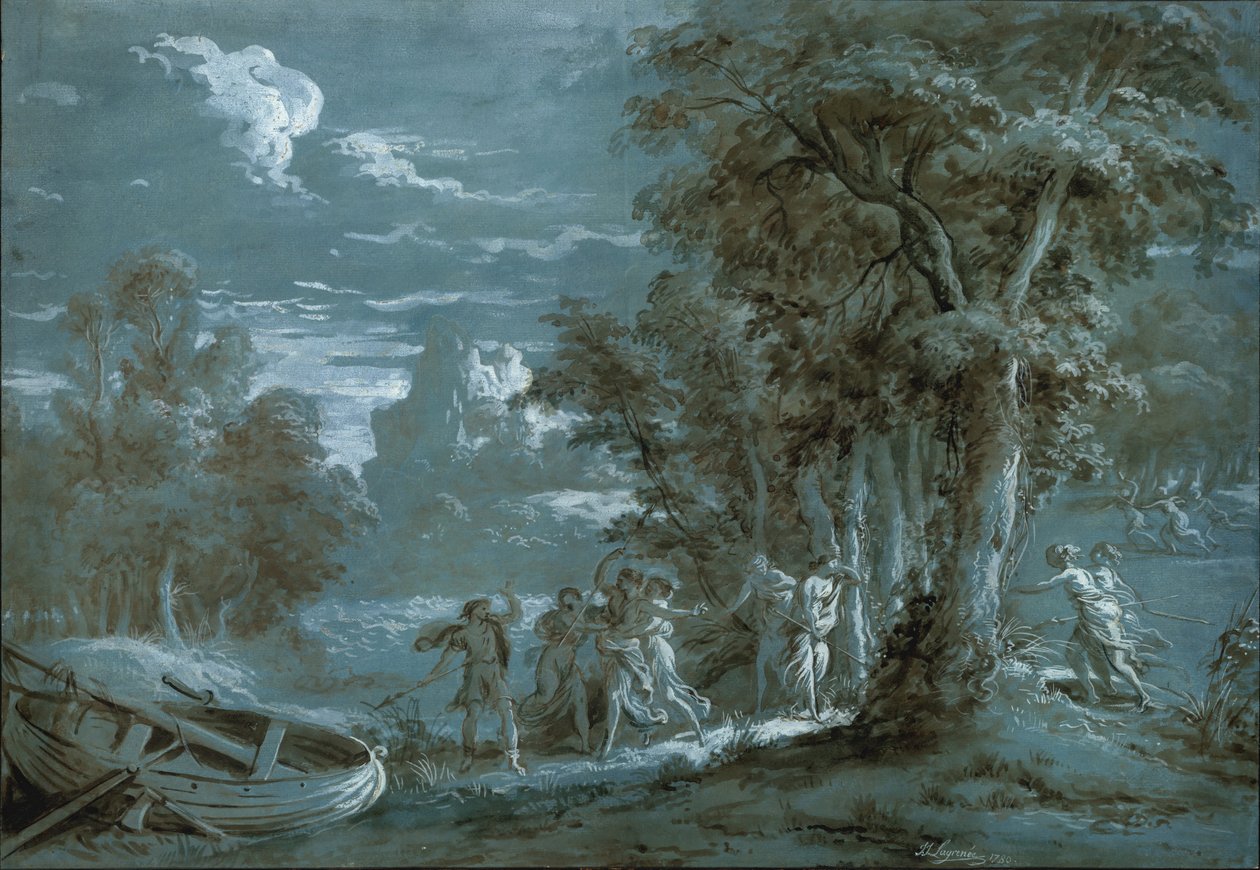 Landskap med en scene fra Fénelons Télémaque, 1780. av Jean Jacques Lagrenee