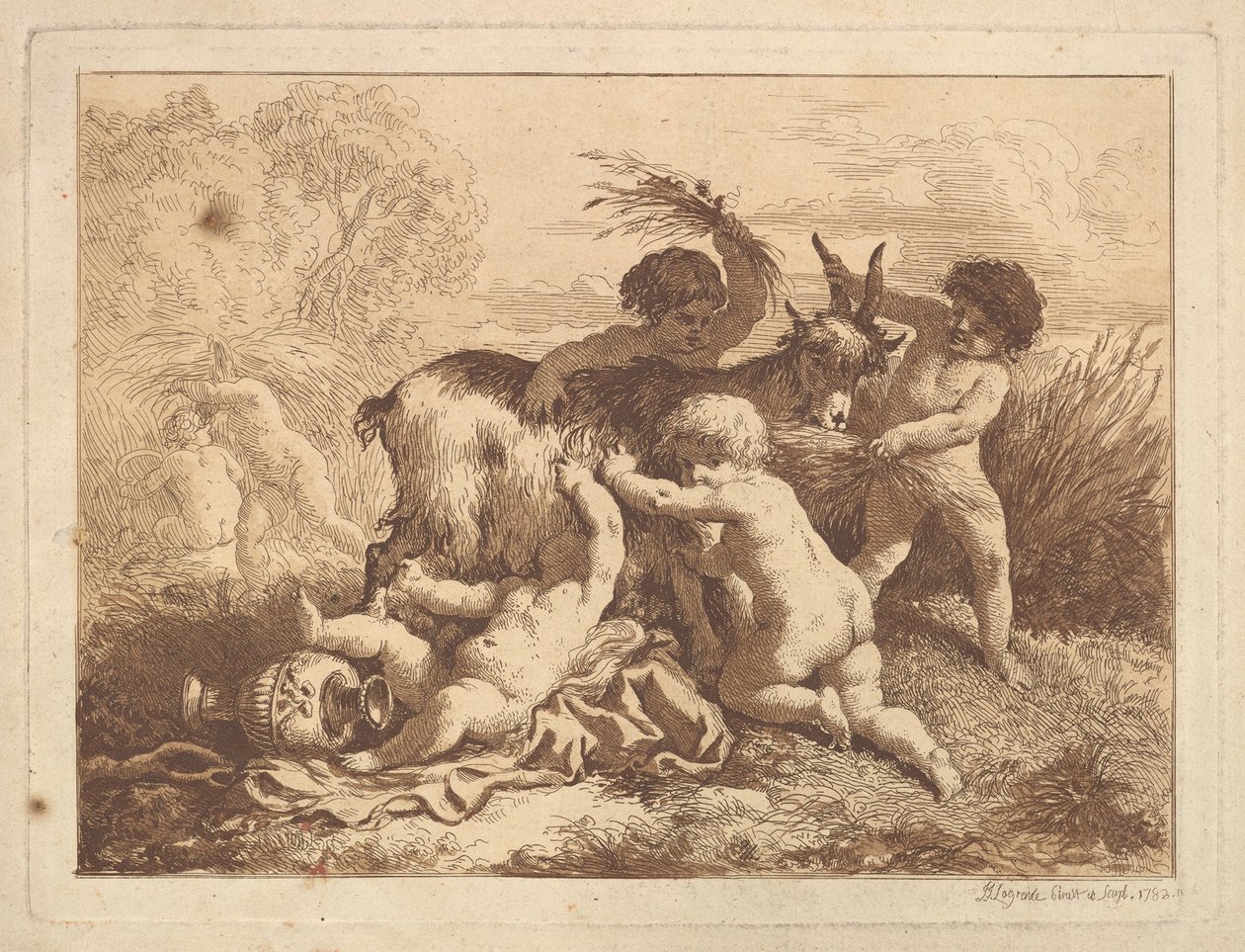 Les petits moissonneurs et la chevre The Young Harvesters and the Goat, i et album forts..., 1782. av Jean Jacques Lagrenee
