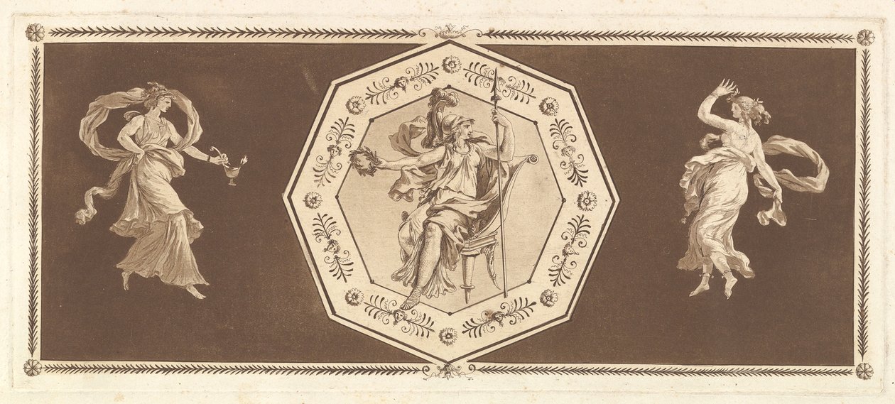 Minerva sitter i en dekorativ åttekant, med en figur til venstre og til høyre Natten..., 1784. av Jean Jacques Lagrenee