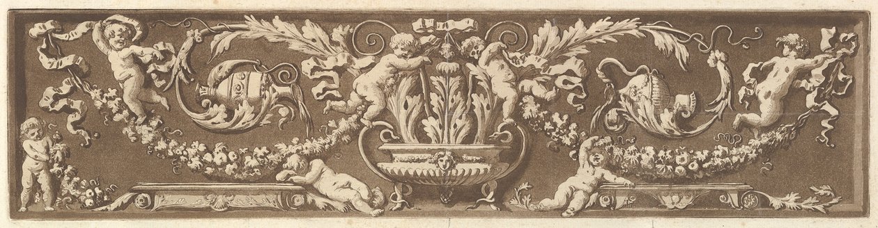 Prydfrise med putti, akantusblader og kranser av frukt, fra Recueil de Diff..., 1784. av Jean Jacques Lagrenee