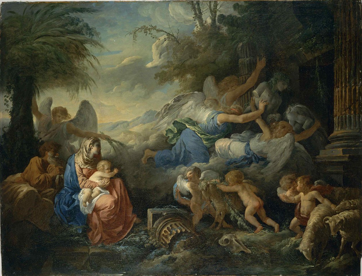 The Fall of the Idols and the Rest on the Flight into Egypt, ca 1775. av Jean Jacques Lagrenee