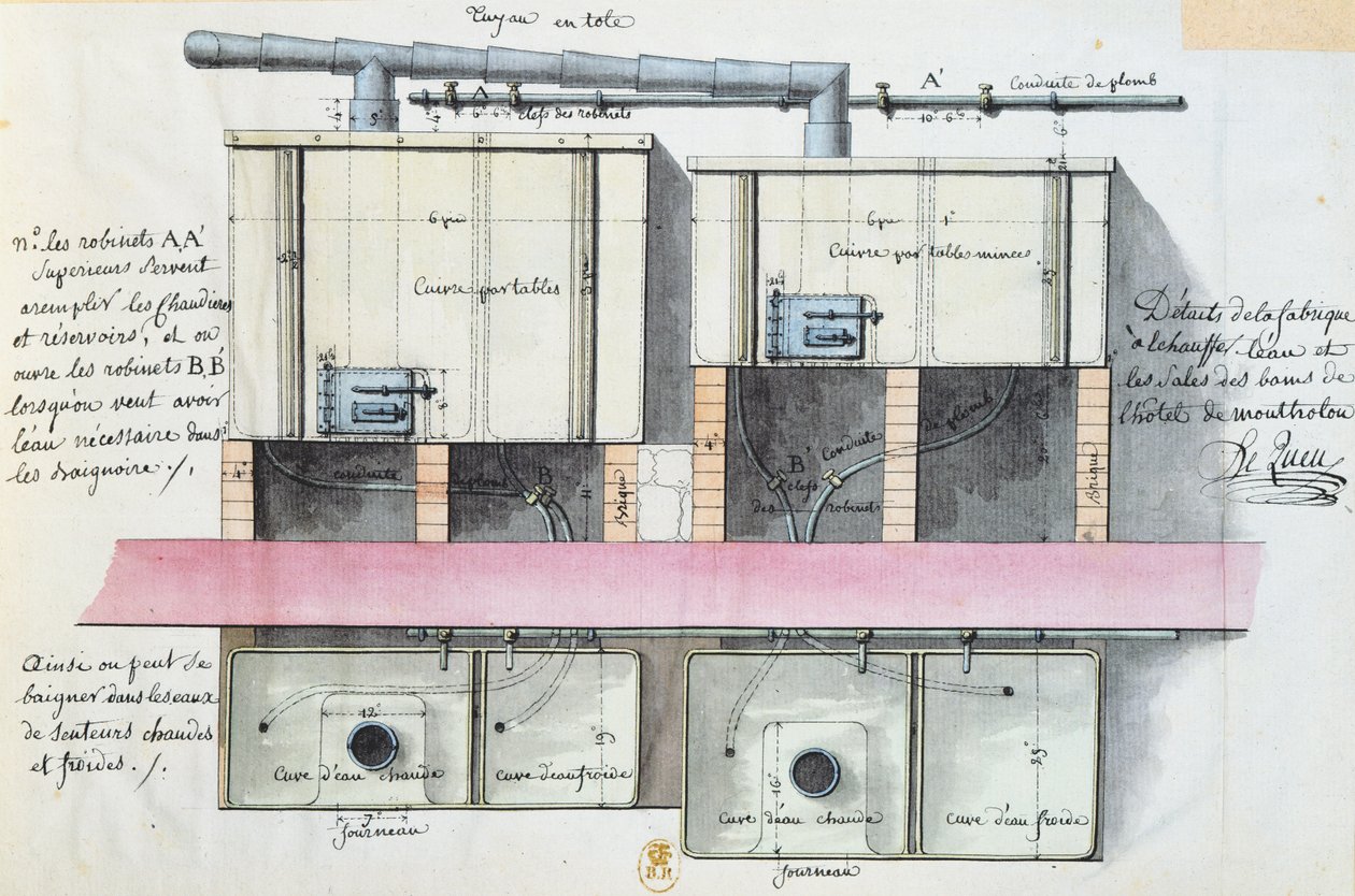 Design for system for oppvarming av vann på Hotel de Montholon i Paris, ca. 1787 (wc på papir) av Jean Jacques Lequeu