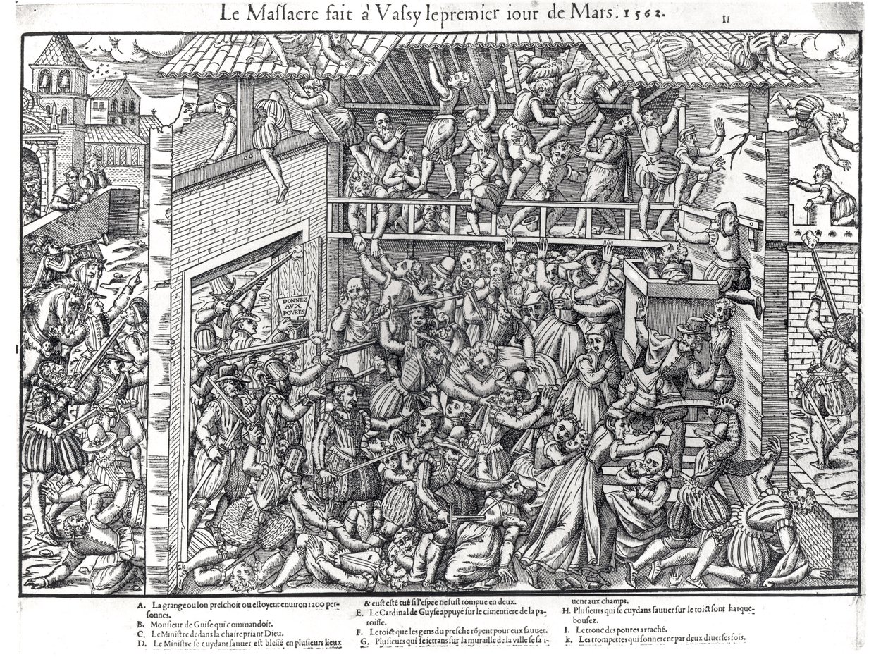 Massakren av den protestantiske befolkningen av troppene til Duc de Guise i Wassy-sur-Blaise, 1. mars 1562, gravert av Jacques Tortorel (1568-92) av Jean Jacques Perrissin