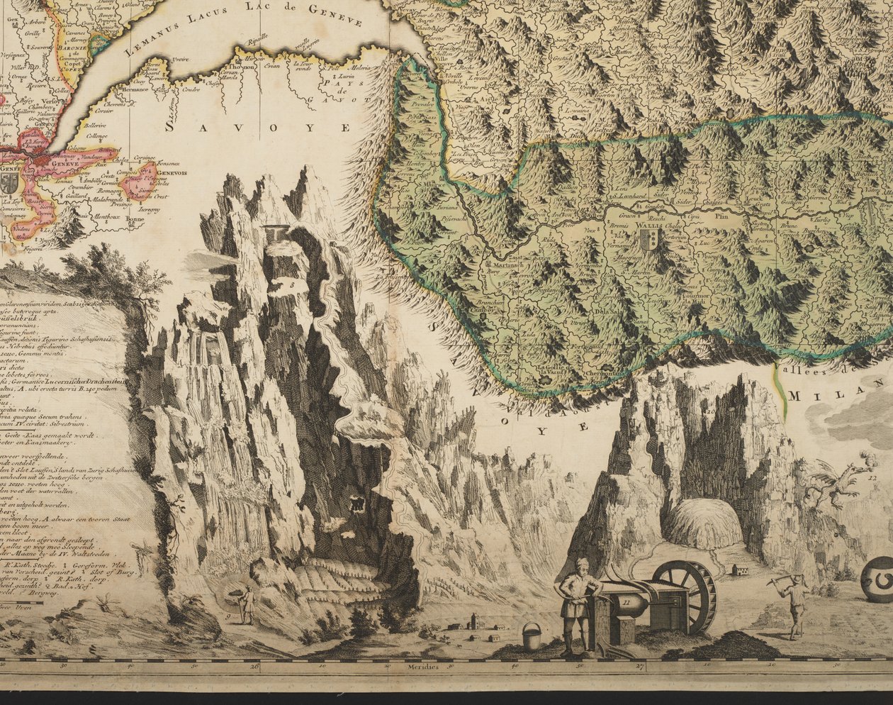 Et nytt kart over Sveits med de mest kjente og mektigste kantonene og offentlige anliggender av den reformerte religionen Tigurina, Bern, Glarus, Basel, Scafusiana, Abbed Cellana, detalj, ca. 1712 (håndfarget trykk) av Jean Jacques Scheuchzer