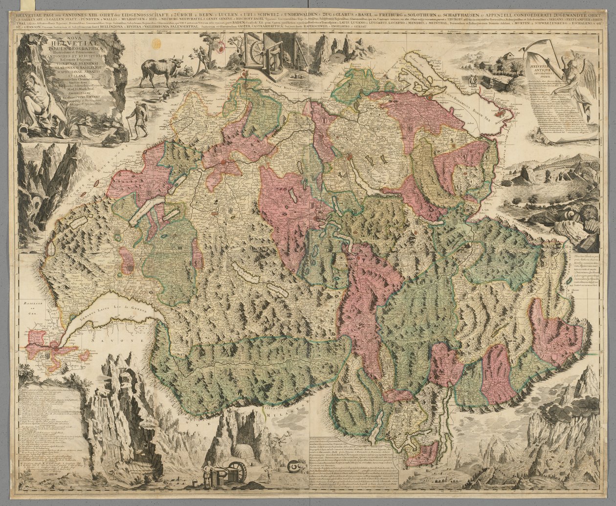 Et nytt kart over Sveits med de mest kjente og mektigste kantonene og offentlige anliggender til den reformerte religionen Tigurina, Bern, Glarus, Basel, Scafusiana, Abbed Cellana, ca. 1712 (håndfarget trykk) av Jean Jacques Scheuchzer