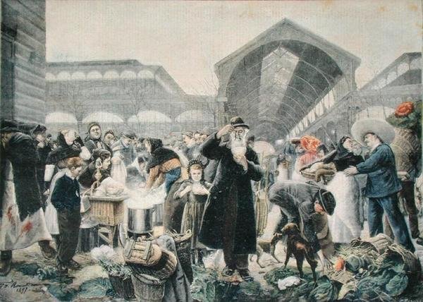 Suppestativ på Les Halles-markedet om morgenen, illustrasjon fra Le Petit Journal, 2. mars 1897, gravert av Fortune-Louis Meaulle (1844-1901) av Jean Jacques after Rousseau