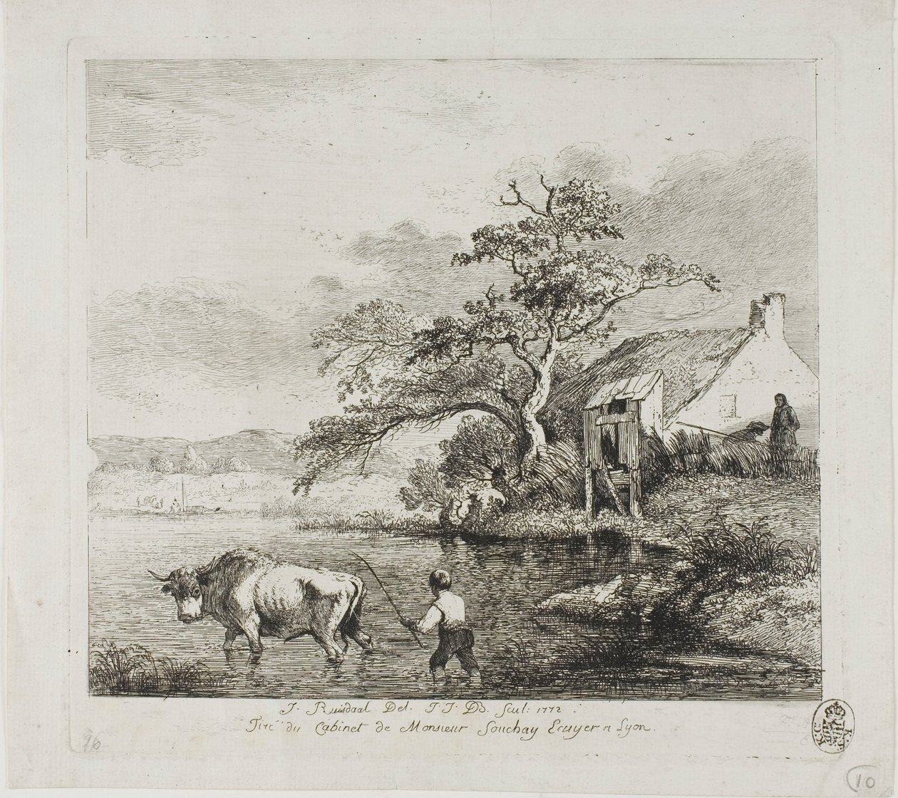 En hyrde og okse som krysser en elv av Jean Jacques de Boissieu