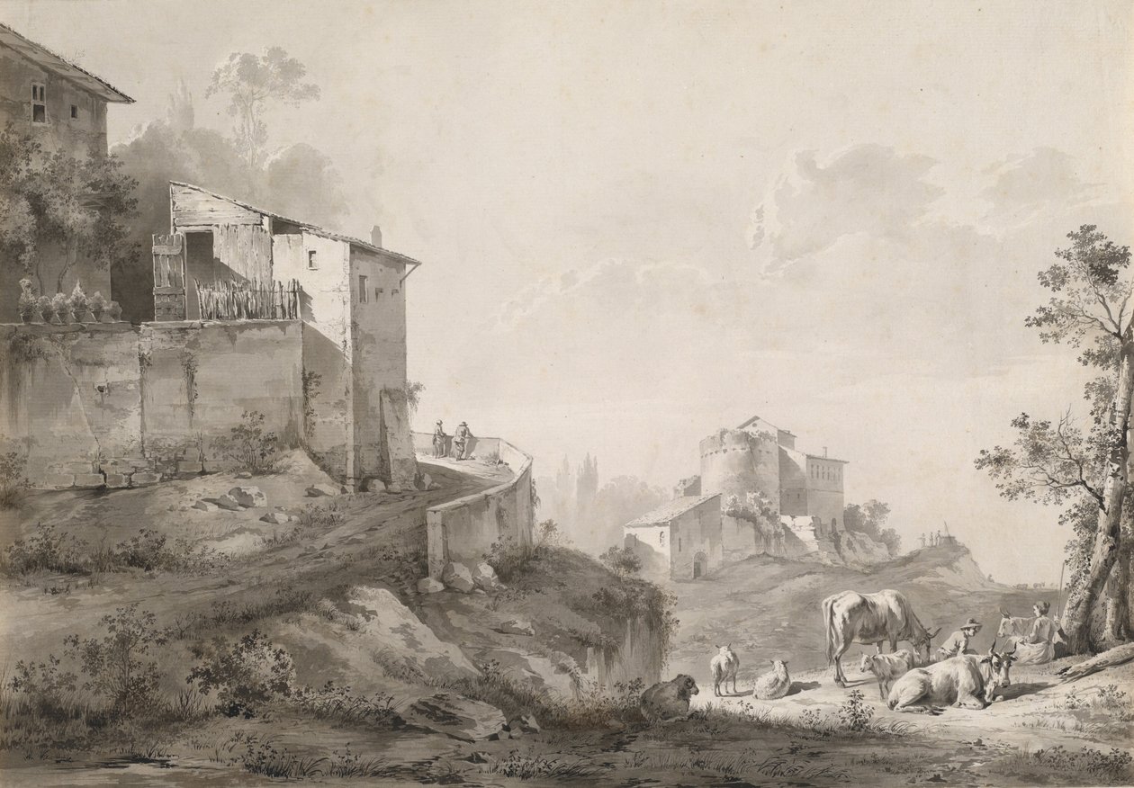 Et solbelyst landskap med bakketopphus av Jean Jacques de Boissieu