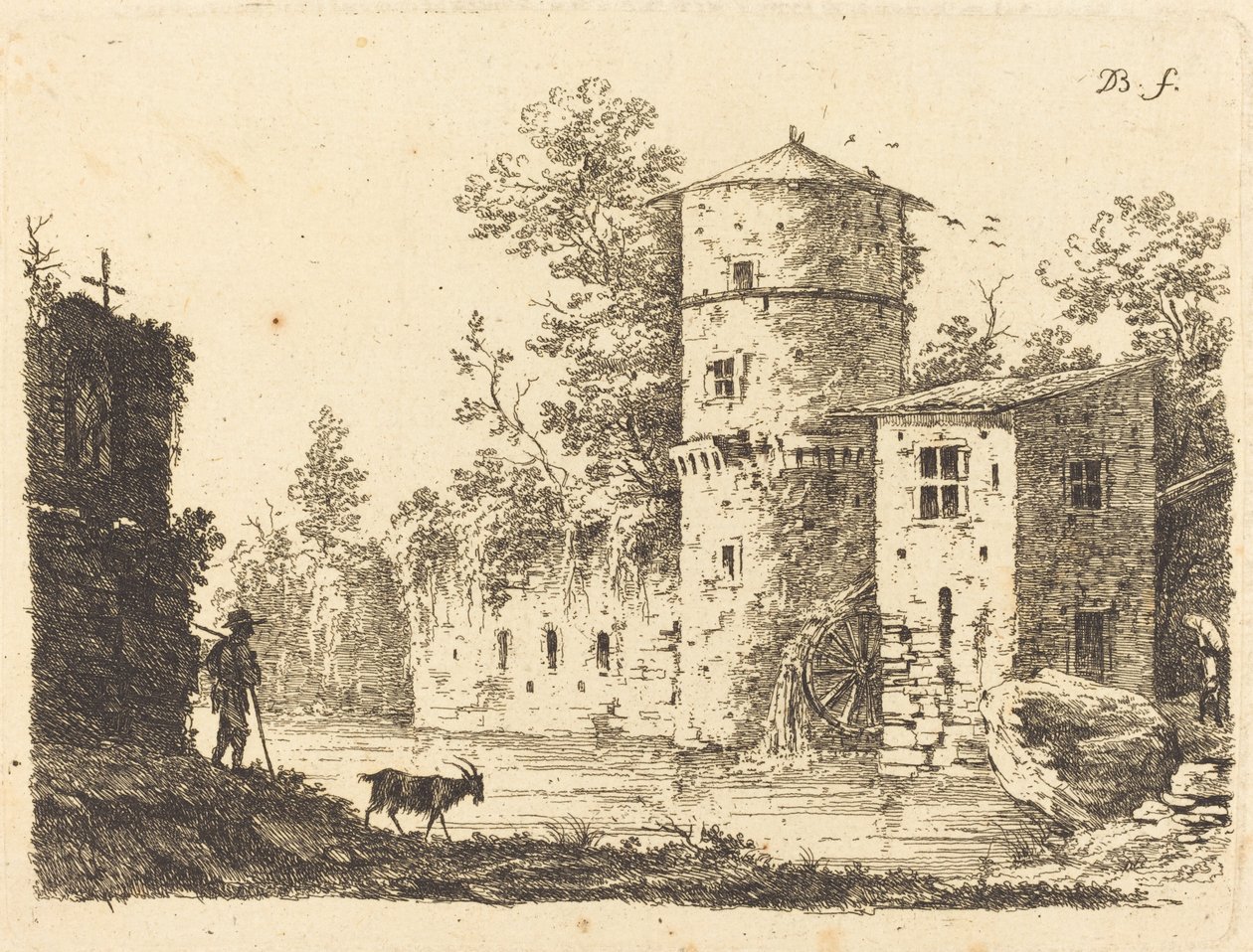 Gammelt tårn med en vannmølle av Jean Jacques de Boissieu