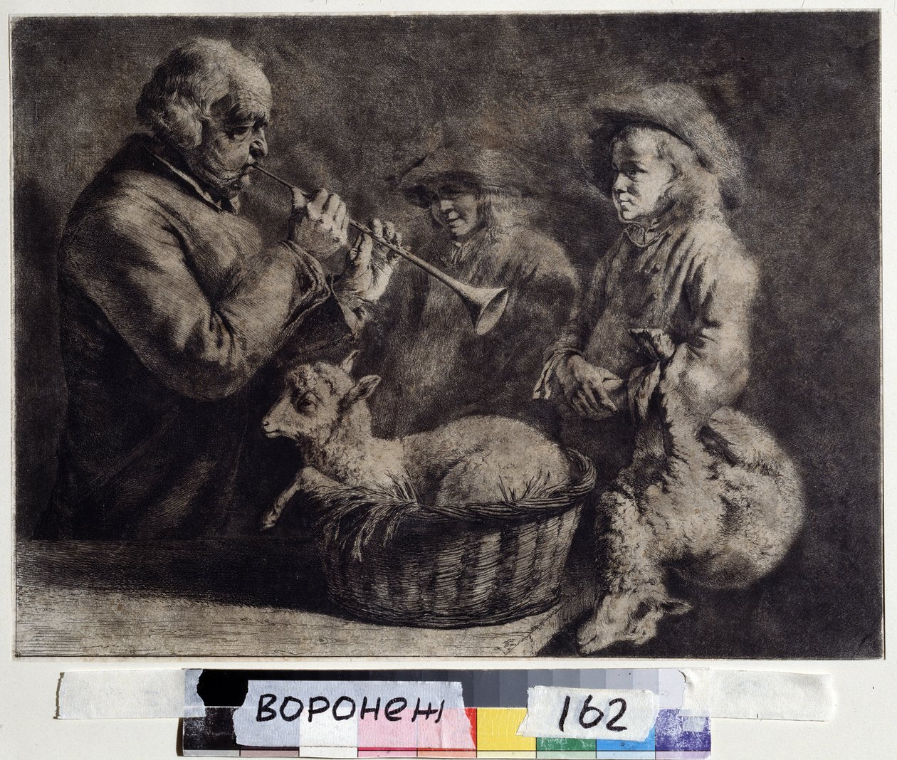 ""Oboisten"" (oboist) En musiker som spiller obo foran to gjetere. Tresnitt av Jean Jacques de Boissieu (1736-1810) 1772 Ivan Kramskoy (eller Kramskoi) kunstmuseum i Voronezh (Voronezh), Russland. av Jean Jacques de Boissieu