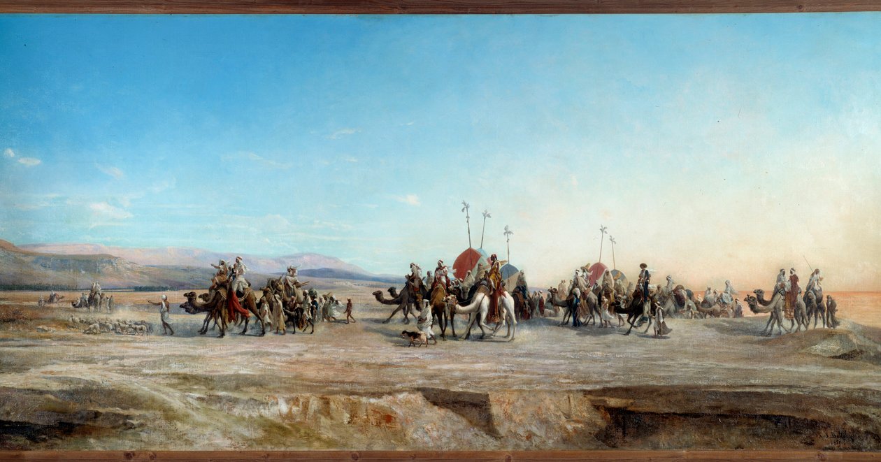 Ser etter en campingvogn med nomader og kameler i ørkenen. Maleri av Jean Joseph Bellel (1816-1898) Montpellier fra 1800-tallet, Musee Fabre - På utkikk etter en leir. Nomadekaravaner og kameler i ørkenen. Maleri av Jean Joseph Bellel (1816-1898) av Jean Joseph Bellel