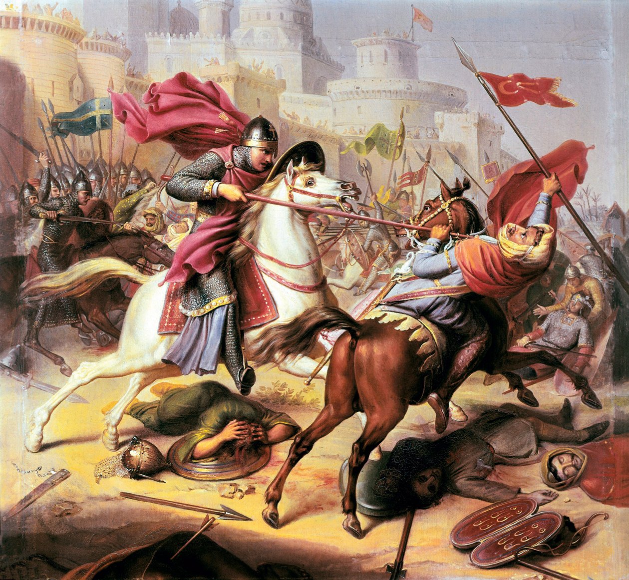 første korstog: ""Robert II hertug av Normandie kalte Robert Courthouse og kjempet mot en muslimsk soldat under beleiringen av Antioke i 1098 - 1838 av Jean Joseph Dassy