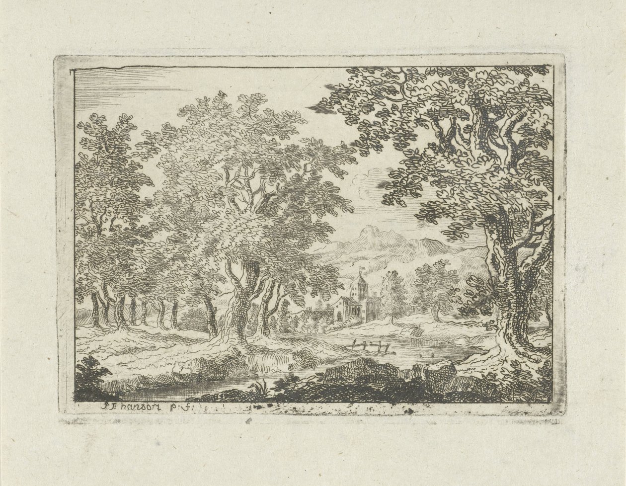 Trefylt elvelandskap av Jean Joseph Hanson