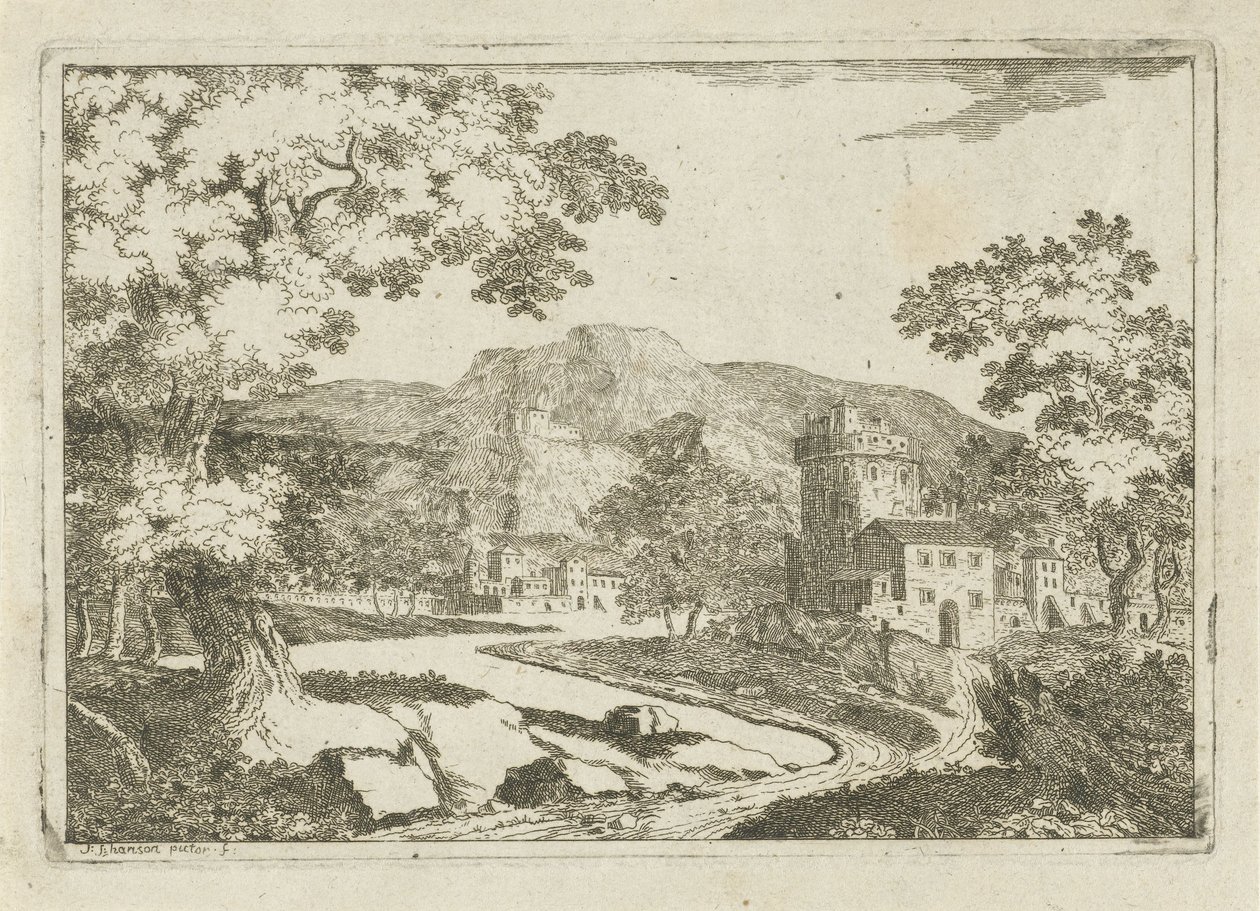 Elvelandskap med hus og tårn av Jean Joseph Hanson