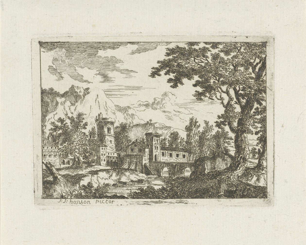 Steinbygninger ved en elv av Jean Joseph Hanson