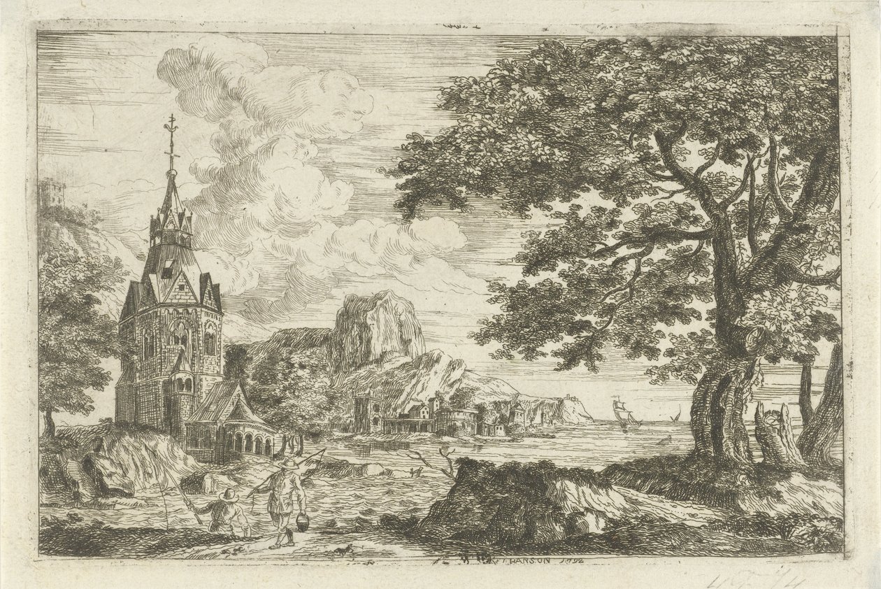 Fiskere ved en kirke på en kyst av Jean Joseph Hanson