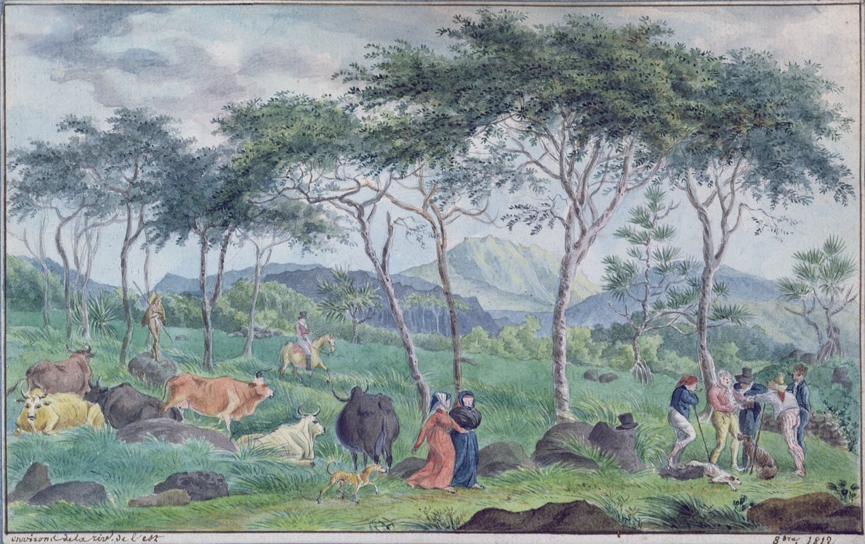 Besetning med storfe med kuhyrder nær elven øst for Ile de la Reunion, oktober 1812 av Jean Joseph Patu de Rosemont