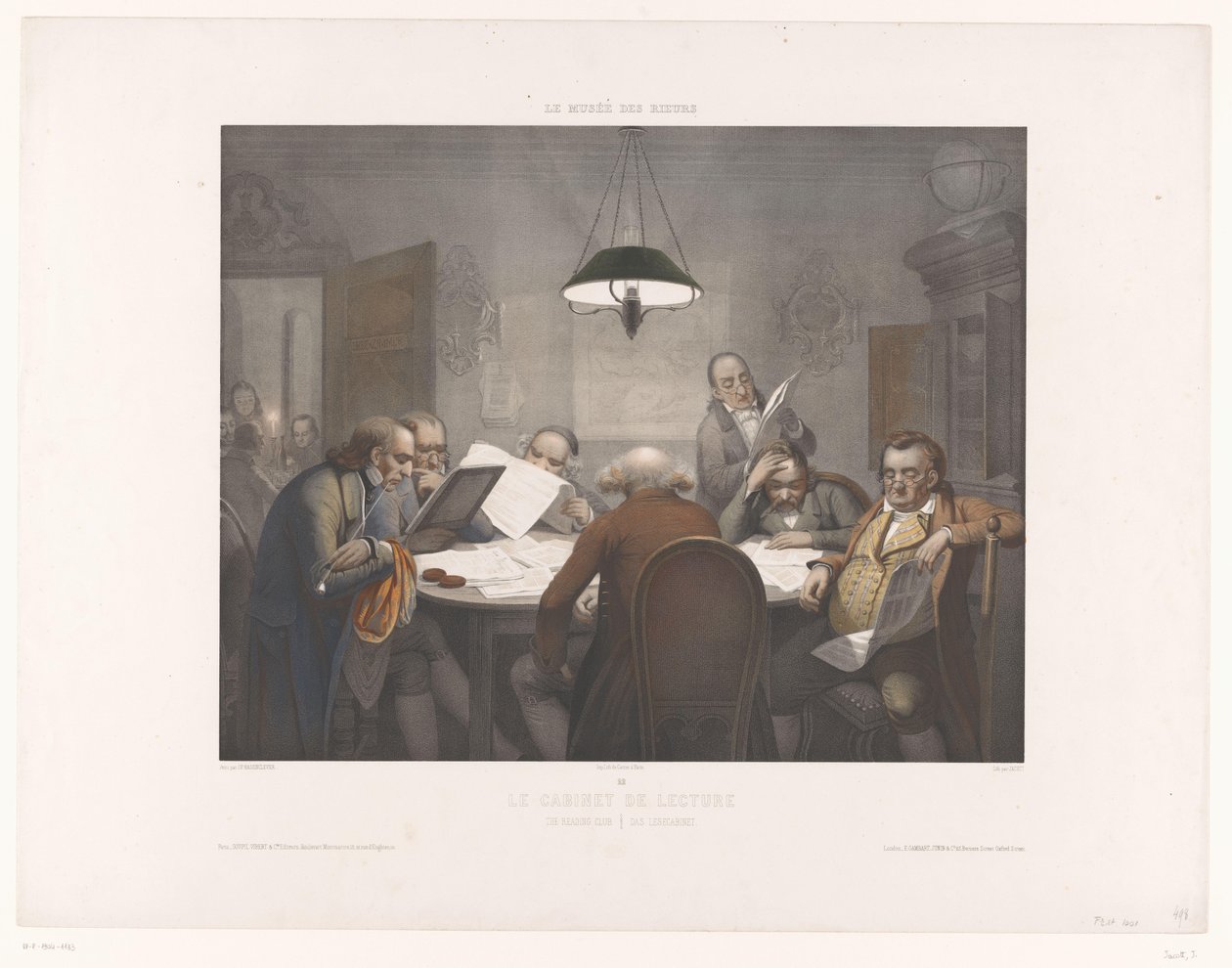 Leseskap med lesemenn ved et rundt bord Le cabinet de lecture / Leseklubben / Das Lesecabinet (tittel på objekt) Museum of the Laughers (serietittel) Le musée des rieurs (serietittel på objekt) av Jean Julien Jacott