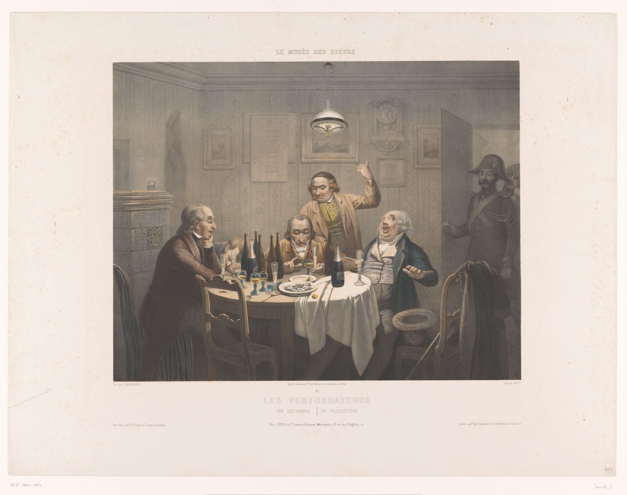 Politiet avbryter en gruppe drikkende menn Les perturbateurs / The Disturbers / Die Polizeistunde (tittel på objekt) Museum of the Laughers (serietittel) Le musée des rieurs (serietittel på objekt) av Jean Julien Jacott