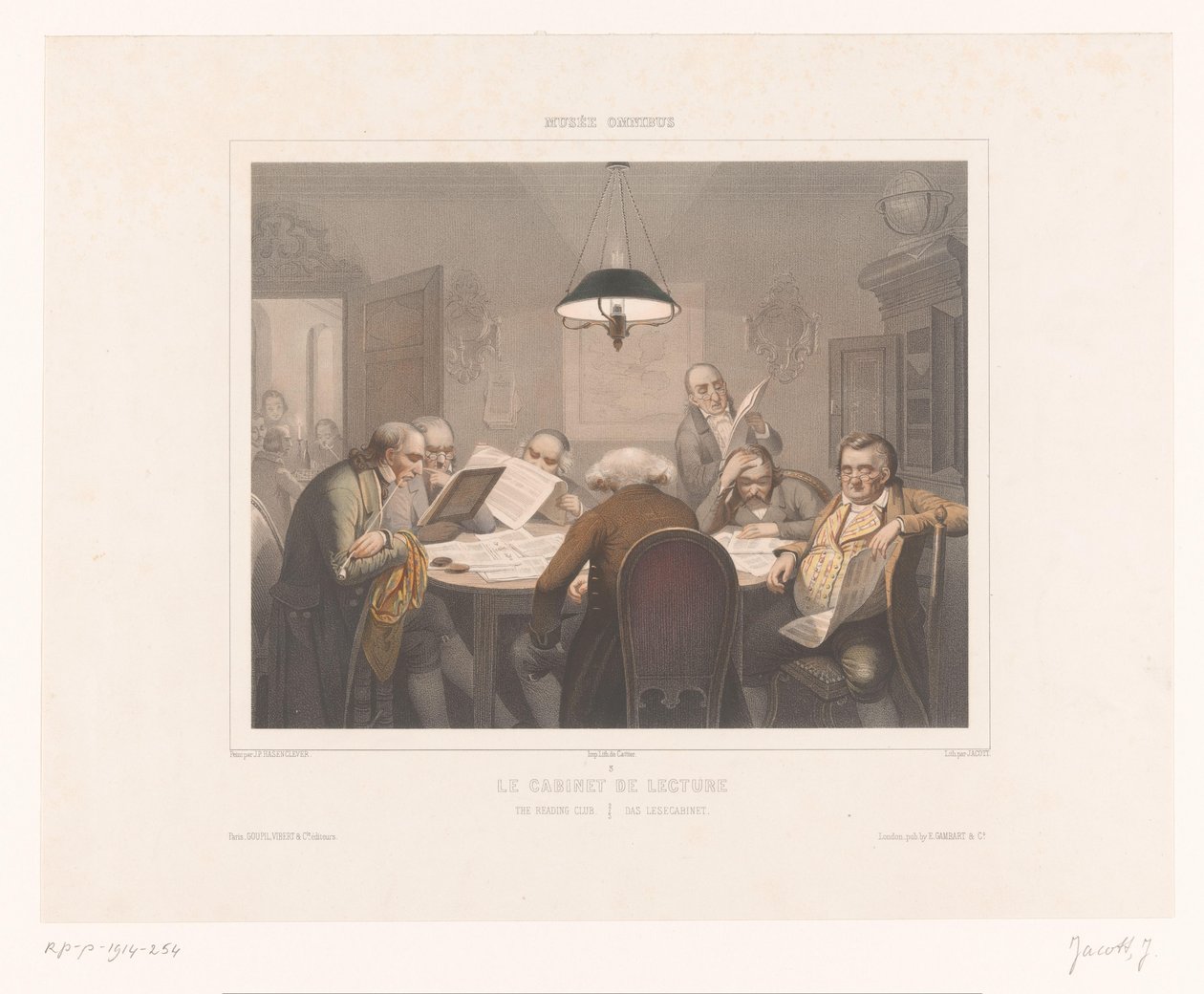 Syv menn leser ved et bord Le cabinet de lecture / Leseklubben / Das lesecabinet (tittel på objekt) Skildringer av spesielle aktiviteter (serietittel) Musée omnibus (serietittel på objekt) av Jean Julien Jacott