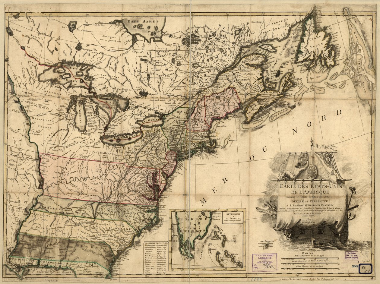 Kart over USA etter fredsavtalen av 1783. av Jean Lattré
