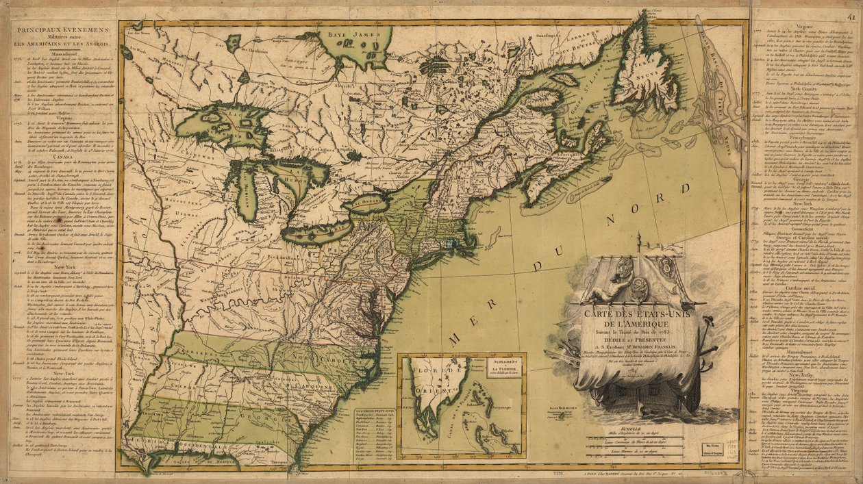 Kart over USA etter fredsavtalen av 1783. av Jean Lattré