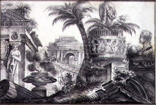 An Architectural Fantasy, ca. 1760 (kull og blyant på papir) av Jean Laurent Legeay