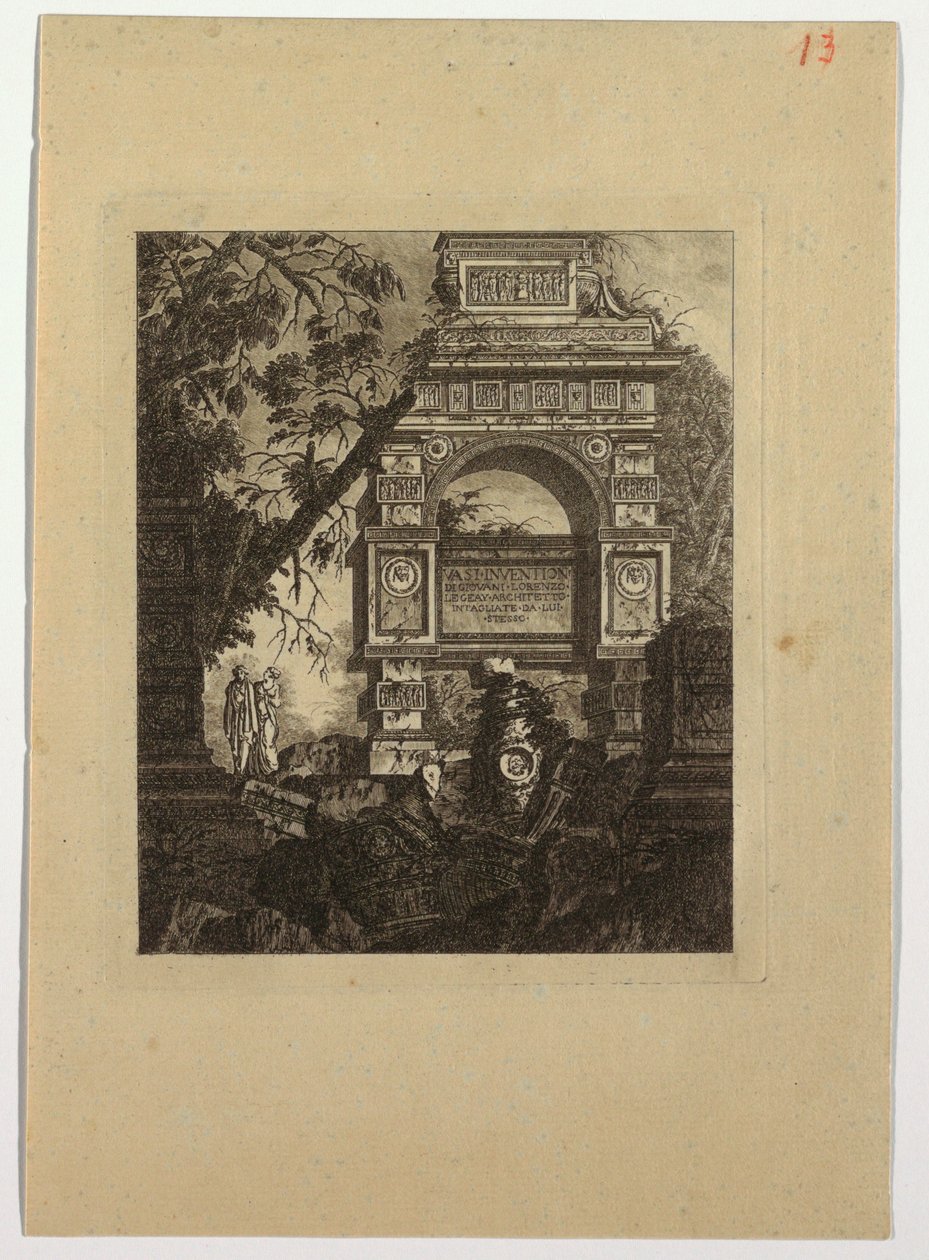 Frontispice, vasi-oppfinnelse, fra "Samling av forskjellige emner av vaser, graver, ruiner og fontener, nyttig for kunstnere ..." av Jean Laurent Legeay