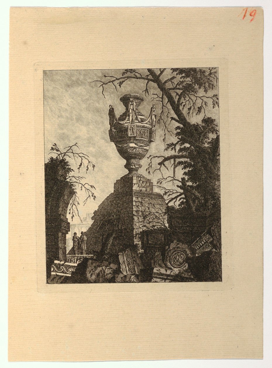 Pyramide overvunnet av en monumental vase, fra "Samling av forskjellige emner av vaser, graver, ruiner og fontener, nyttig for kunstnere ..." av Jean Laurent Legeay
