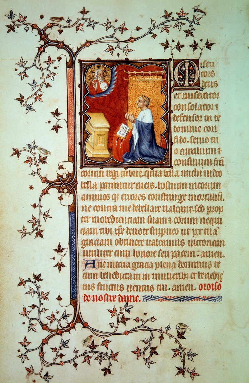 Hertug John I av Berry (1340-1416) ba foran Gud som velsignet ham Miniatyr fra manuskriptet (ms. lat. 18014) "The Little Hours of John of Berry"" belyst av John the Black, ca. 1375. Paris, B.N. av Jean Le and workshop (attr. to) Noir