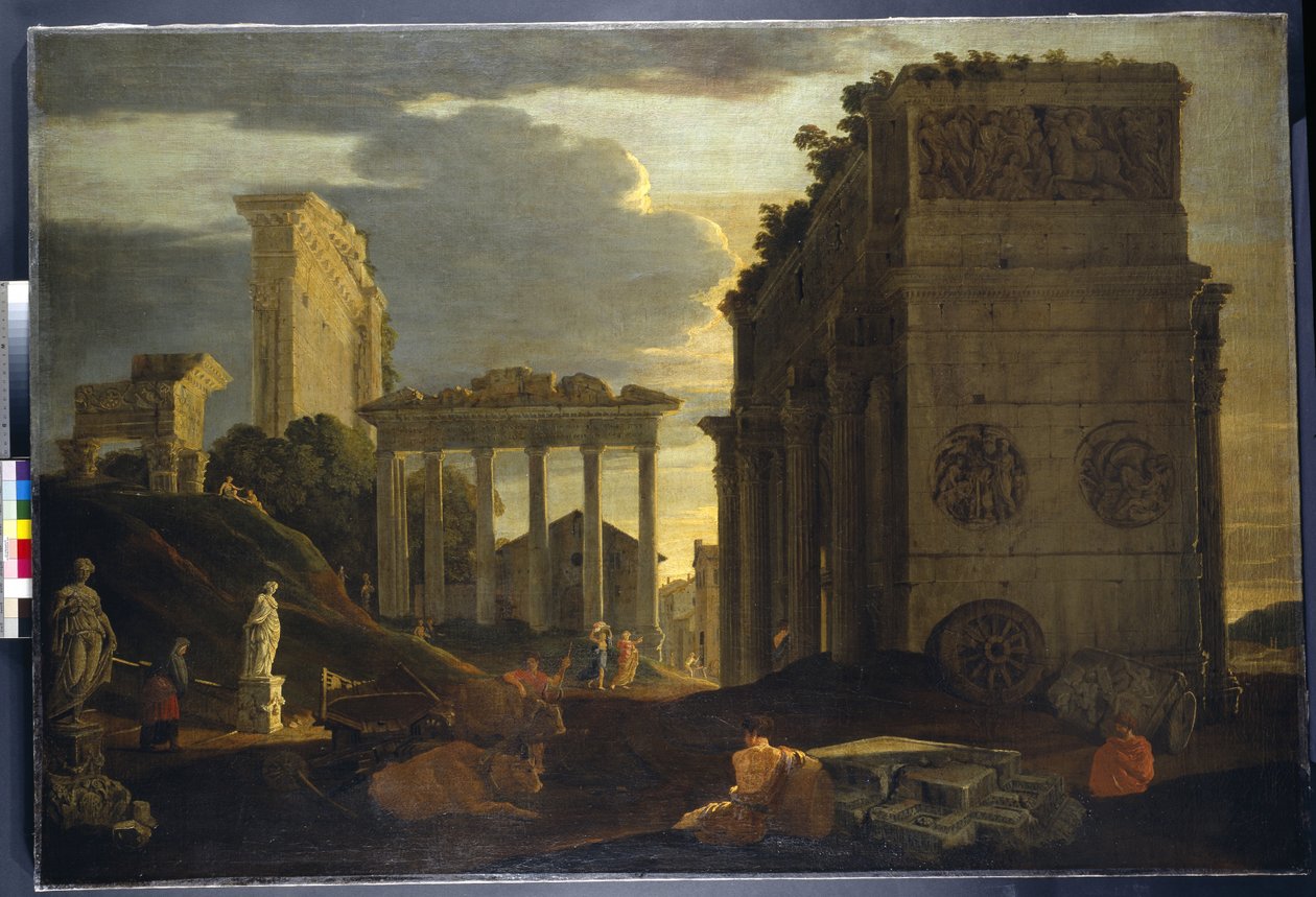 Capriccio-utsikt med figurer ved en triumfbue og templene til Saturn og Jupiter Tonans (olje på lerret) av Jean Lemaire