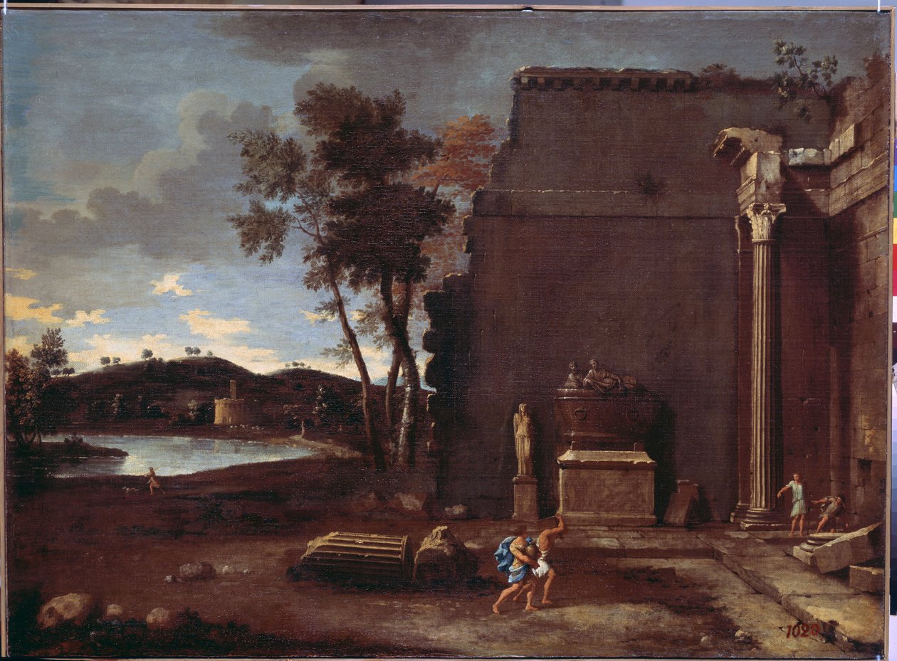 Landskap med en sarkofag. Maleri av Jean Le Maire (1597-1659). Fransk kunst, olje på lerret. Eremitasjemuseet, St. Petersburg av Jean Lemaire