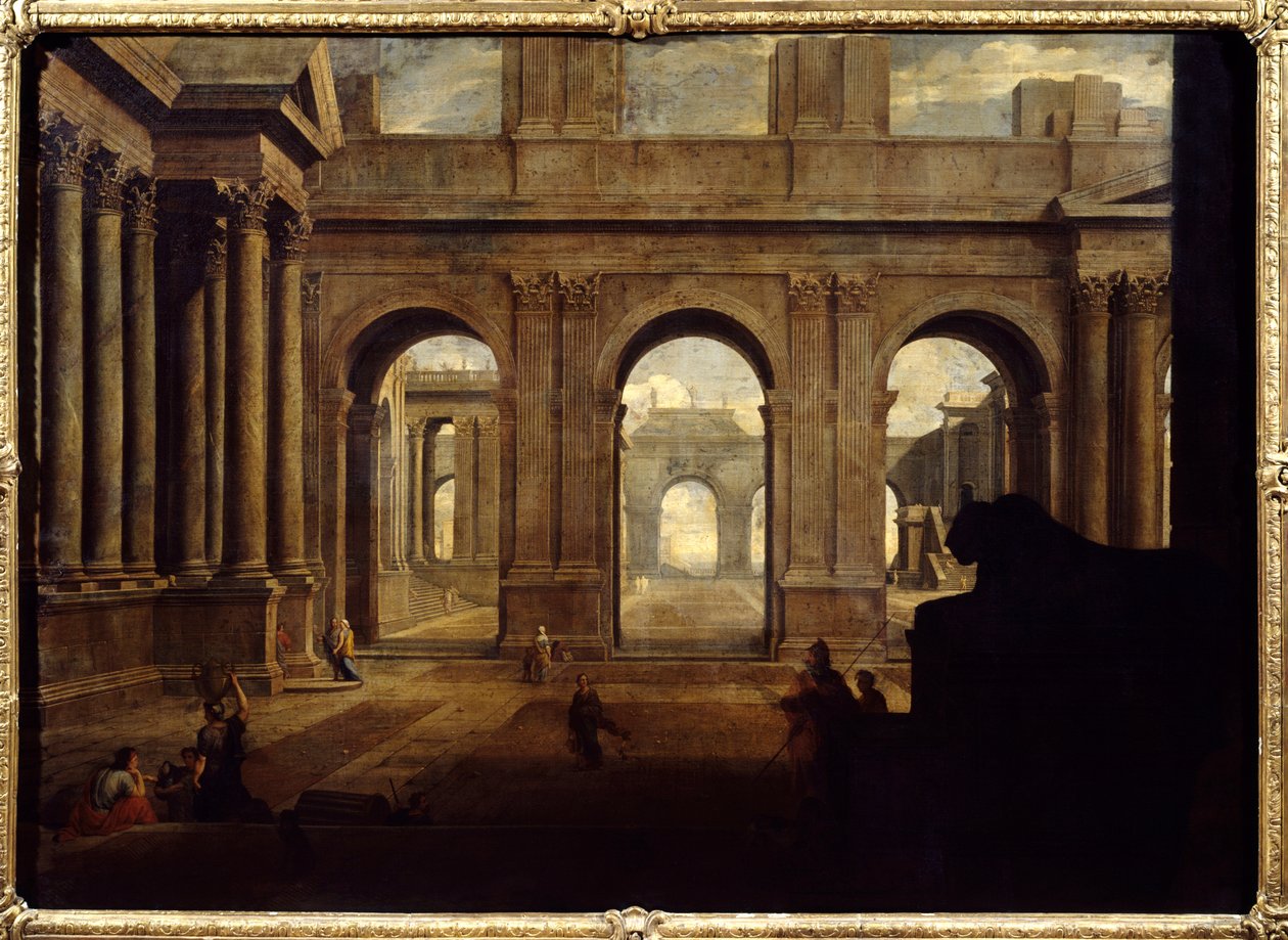 Utsikt over et imaginært palassmaleri av Jean Lemaire (1598-1659) Paris fra 1600-tallet, Louvre-museet. av Jean Lemaire