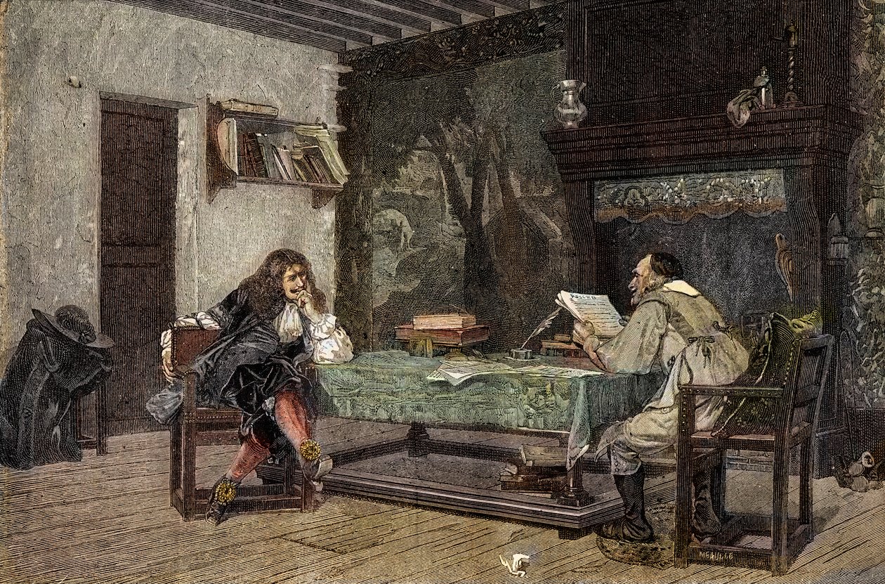 Samarbeid mellom Jean Baptiste Moliere og Pierre Corneille Fransk dramatis - "" Forfatterne Jean-Baptiste (Jean Baptiste) Poquelin dit Moliere (1622-1673) og Pierre Corneille (1606-1684)"" gravering etter maleriet av Jean-Leon (Jean) Leon) Gerome av Jean Leon (after) Gerome