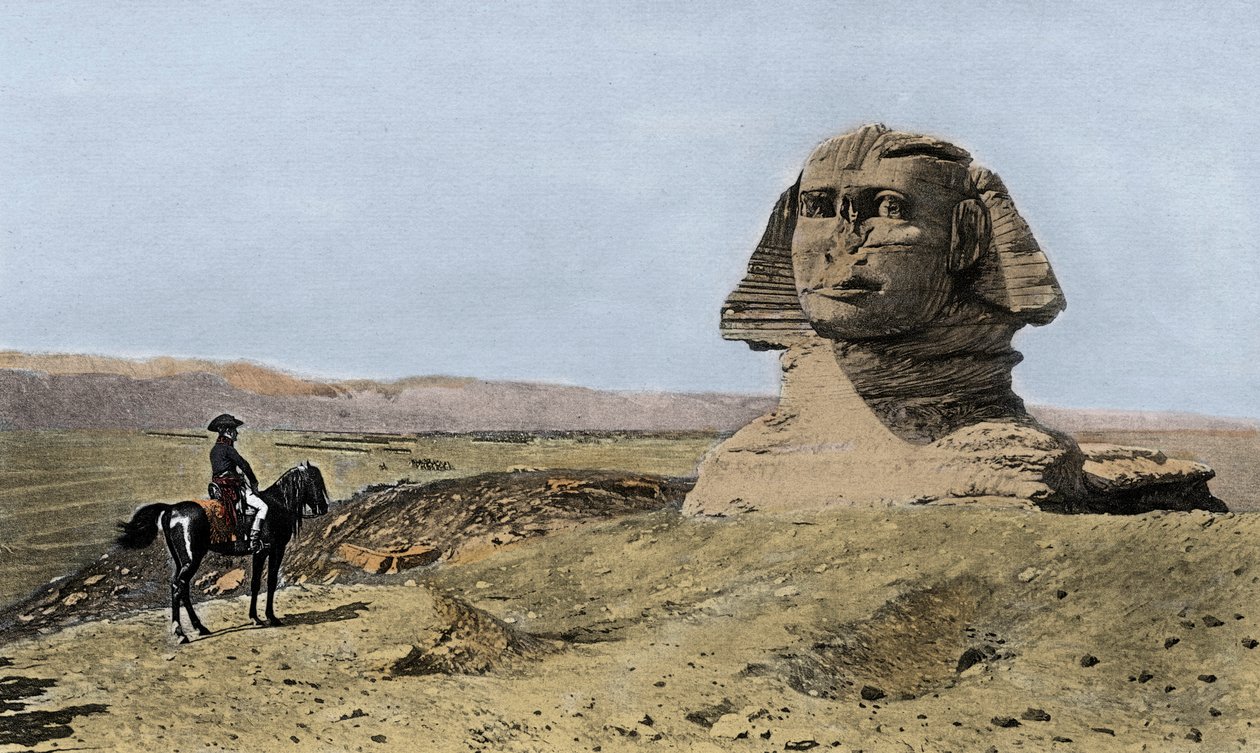 Napoleon og sfinxen - Kampanje (ekspedisjon) av Egypt (1798-1801): Napoleon I Bonaparte (1769-1821) foran Gizehs sfinx i Egypt av Jean Leon (after) Gerome