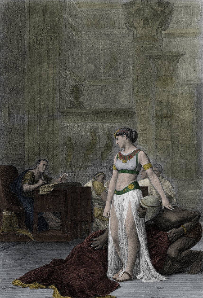 Dronningen av Egypt Cleopatra VII Thea Philopator (69-30 f.Kr.) og Jules Cesar (100-44 f.Kr.) - Kleopatra før Julius Cæsar i Shakespeares skuespill, Antony og Cleopatra, etter maleriet av Jean Leon Gerome av Jean Leon (after) Gerome