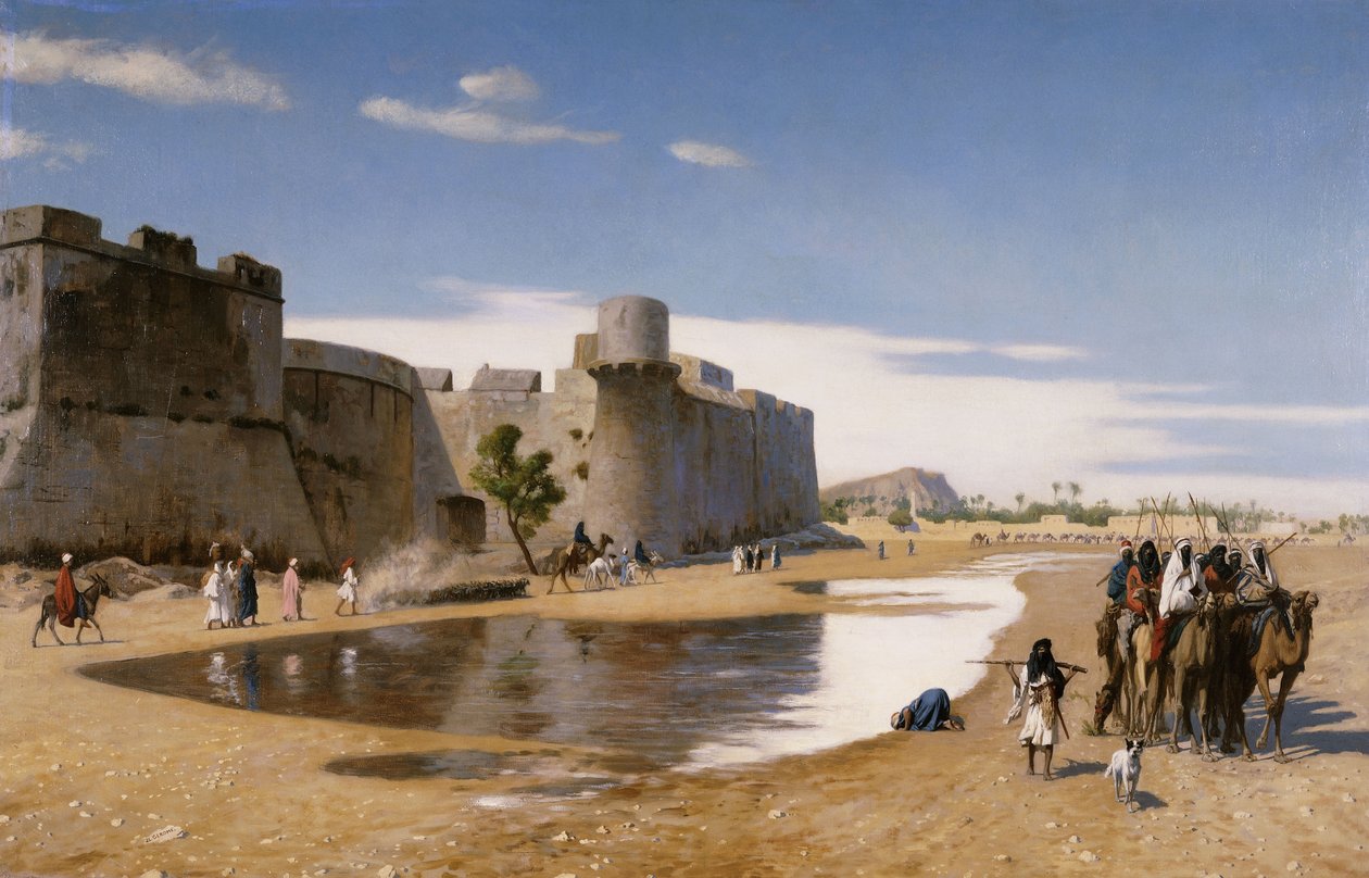 En arabisk karavane utenfor en befestet by, ca. 1895 av Jean Leon Gerome